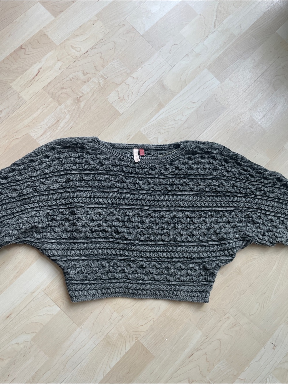 Pilcro Gray-Green Cable-Knit Off-the-Shoulder Cropped Sweater